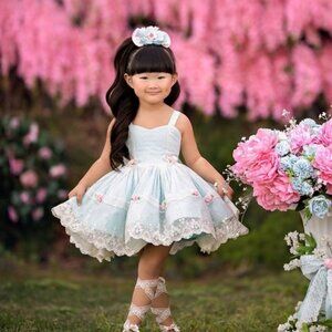 Dollcake Golly Gosh Blue Dress Girls size 12 Lace Floral Rose Tulle